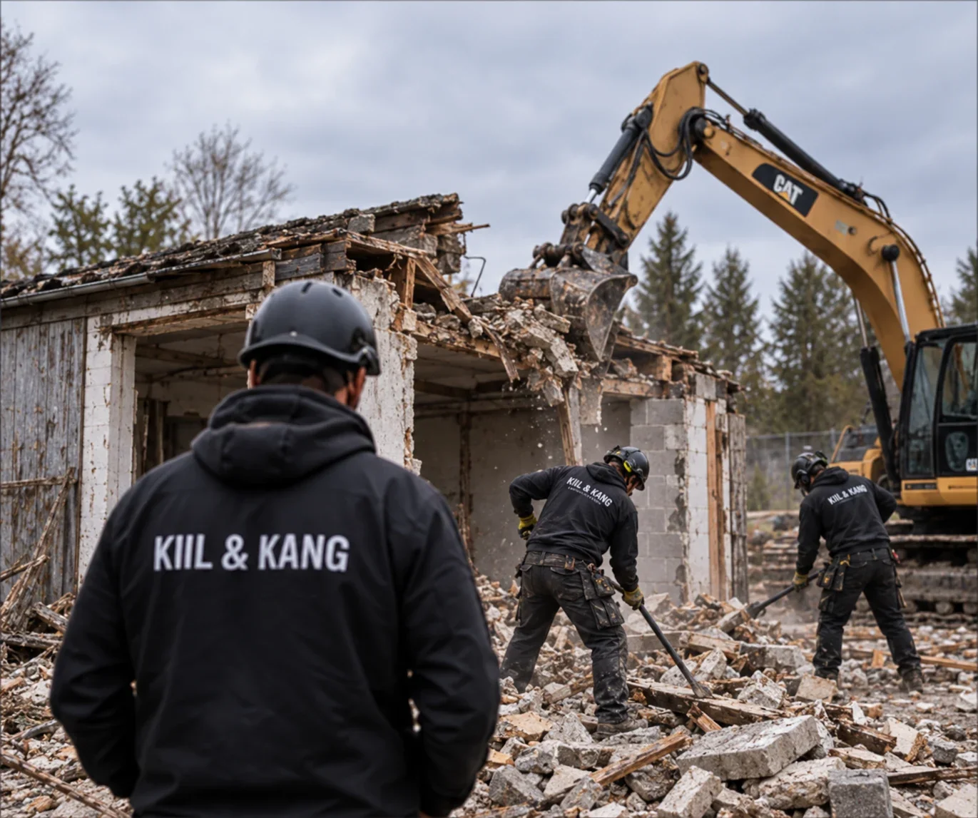 KIIL & KANG-i töötajad lammutusobjektil, taamal ekskavaator