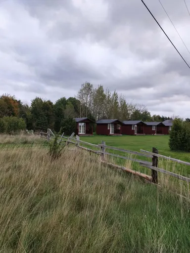 Vana hallikas puitpostide ja lattidega aed kõrge rohuga põllu ääres, taustal punased majakesed